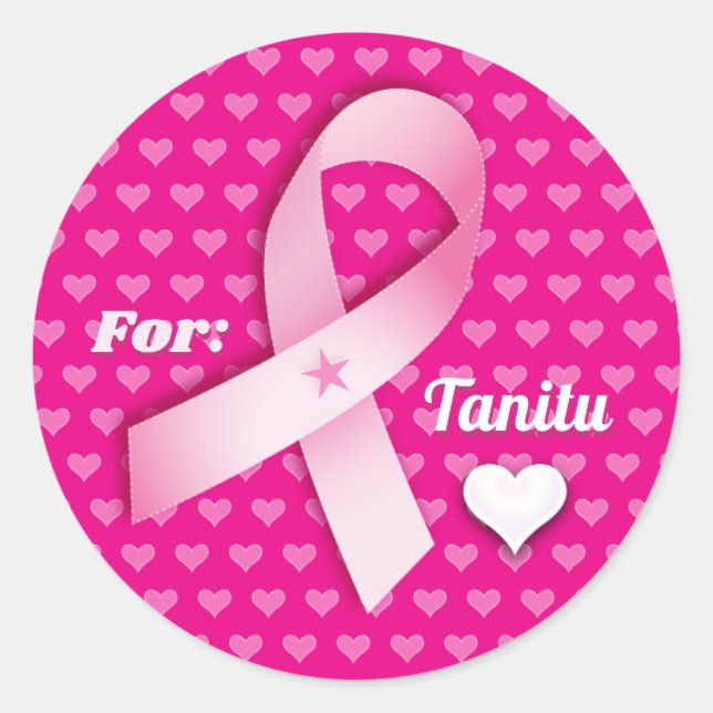 Pink Ribbon & Herz Brustkrebs Anpassen Text Runder Aufkleber (Vorderseite)