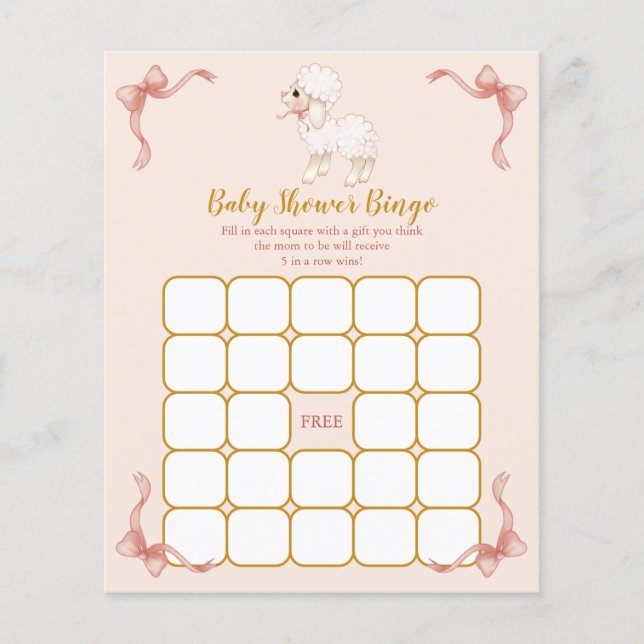 Pink Ribbon Kleine Lamb Baby Dusche Bingo Spiel (Vorderseite)