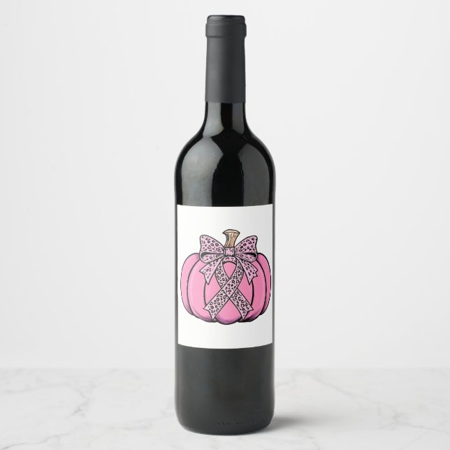 Pink Ribbon Pumpkin Gesicht Halloween Brustkrebs Weinetikett (Vorderseite)