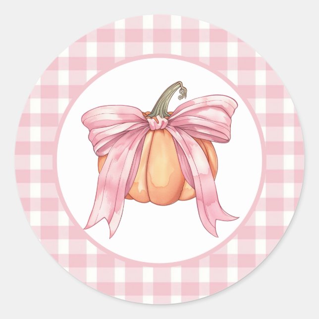 Pink Ribbon Pumpkin, Gingham Coquette Fall Runder Aufkleber (Vorderseite)