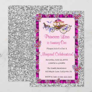 Pink Ribbon Silver Glitzer Royal Princess Birthday Einladung