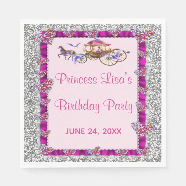 Pink Ribbon Silver Glitzer Royal Princess Birthday Serviette (Vorderseite)