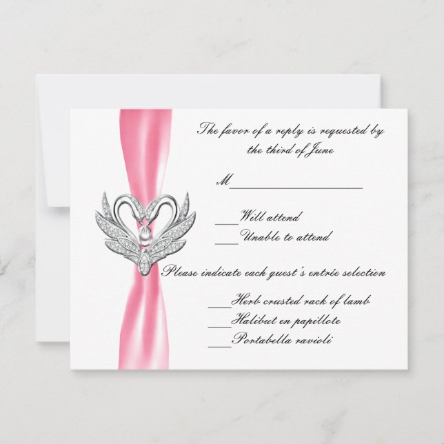 Pink Ribbon Silver Swan Response Card RSVP Karte (Vorderseite)