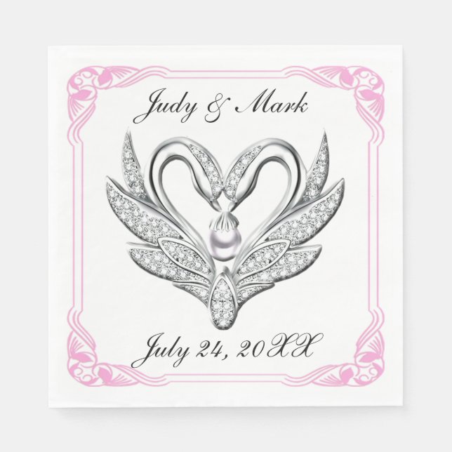 Pink Ribbon Silver Swans Papier Napkins Serviette (Vorderseite)