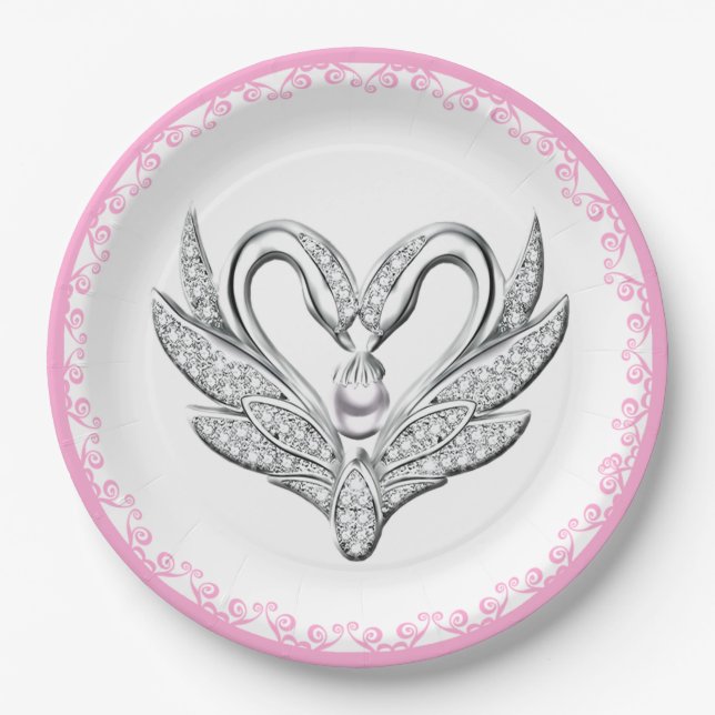 Pink Ribbon Silver Swans Papierplatte Pappteller (Vorderseite)