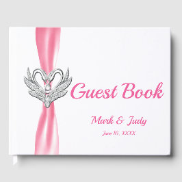 Pink Ribbon Silver Swans Wedding Gästebuch