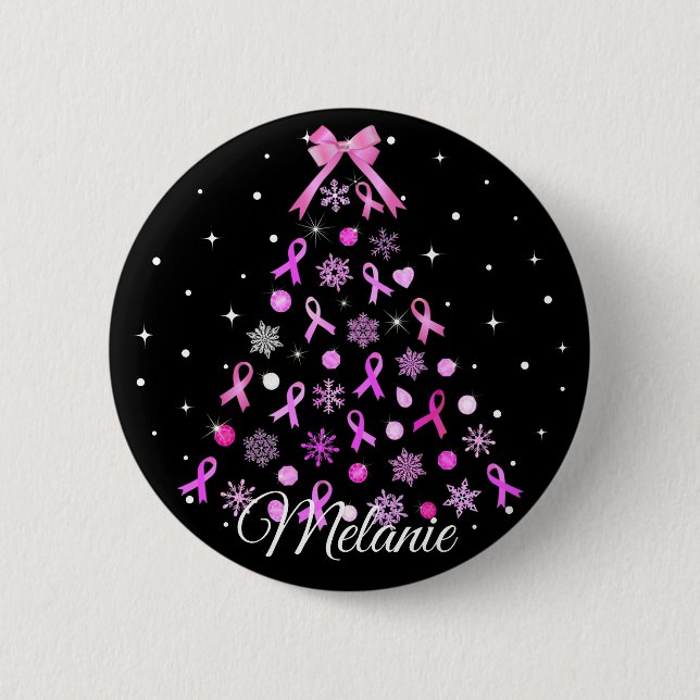 Pink Ribbon Snowflake Weihnachtsbaum Button (Vorderseite)