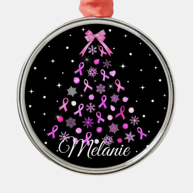 Pink Ribbon Snowflake Weihnachtsbaum Ornament Aus Metall (Vorne)