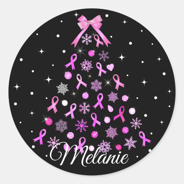 Pink Ribbon Snowflake Weihnachtsbaum Runder Aufkleber (Vorderseite)
