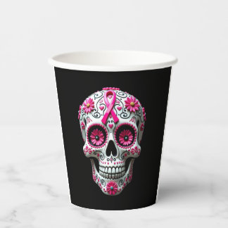Pink Ribbon Sugar Skull Calavera Breast Cancer Awa Pappbecher