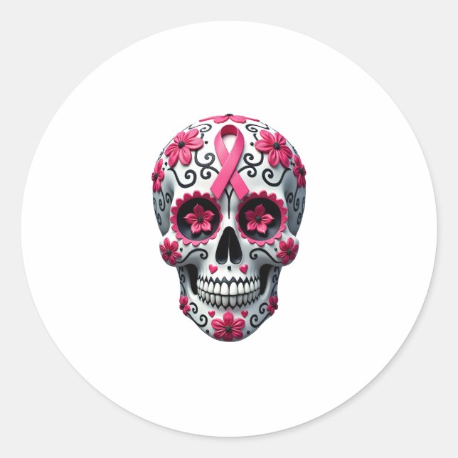 Pink Ribbon Sugar Skull Calavera Breast Cancer Awa Runder Aufkleber (Vorderseite)