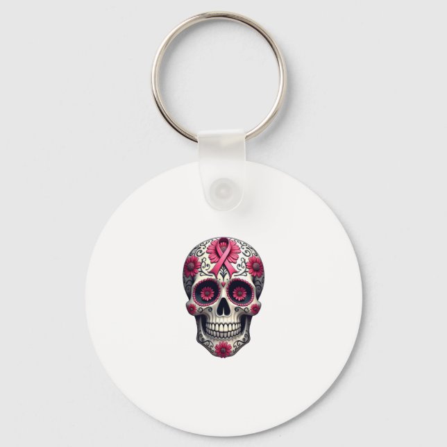 Pink Ribbon Sugar Skull Calavera Breast Cancer Awa Schlüsselanhänger (Vorderseite)