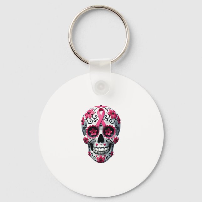Pink Ribbon Sugar Skull Calavera Breast Cancer Awa Schlüsselanhänger (Vorderseite)