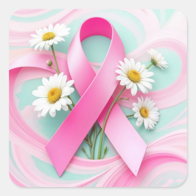 Pink Ribbon und Daisies Brustkrebs Bewusstsein Quadratischer Aufkleber (Vorderseite)