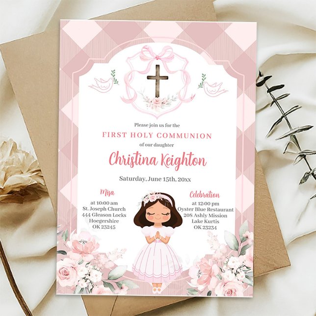Pink Ribbon Wappen Girl First Holy Communion Einladung (Von Creator hochgeladen)