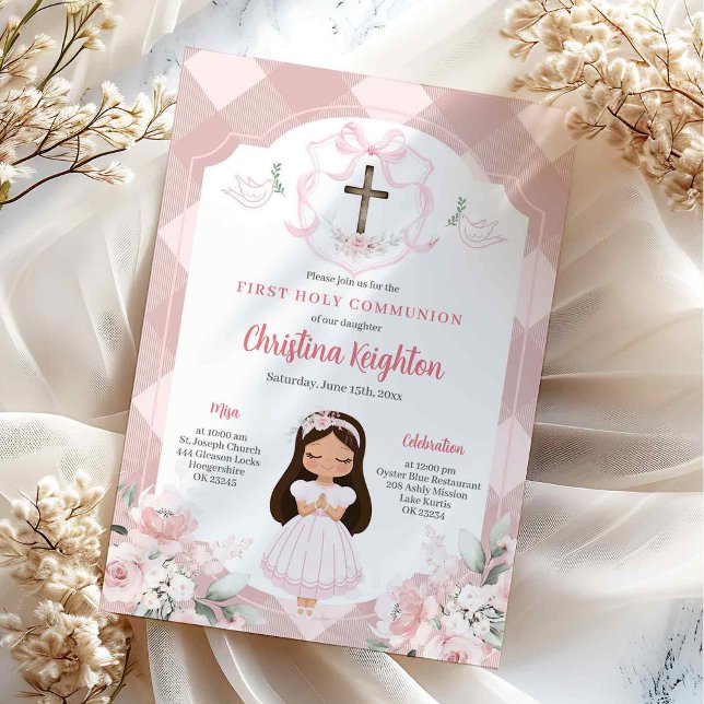 Pink Ribbon Wappen Girl First Holy Communion Einladung (Von Creator hochgeladen)