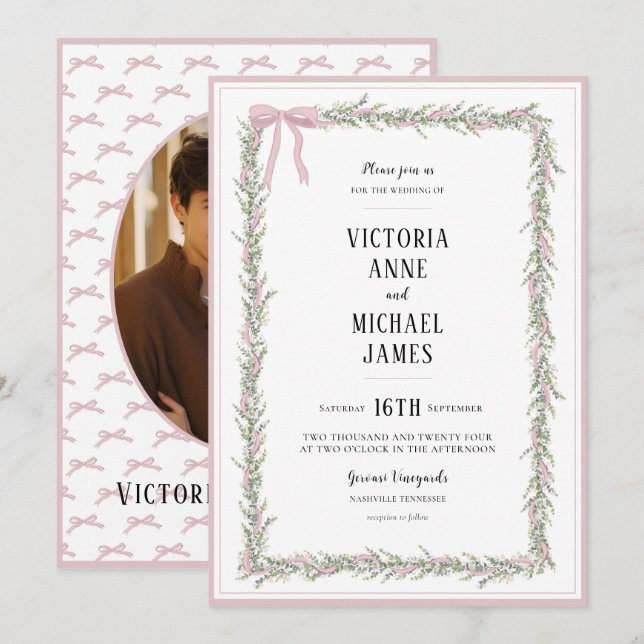 Pink Ribbons & Greenery Vintage Wedding Einladung (Vorne/Hinten)