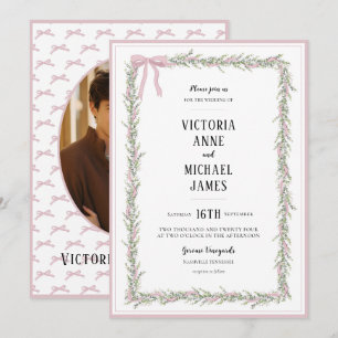 Pink Ribbons & Greenery Vintage Wedding Einladung