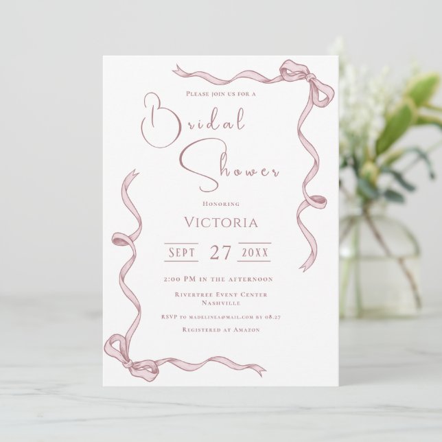 Pink Ribbons Minimalistisch Bridal Dusche Einladun Einladung (Stehend Vorderseite)