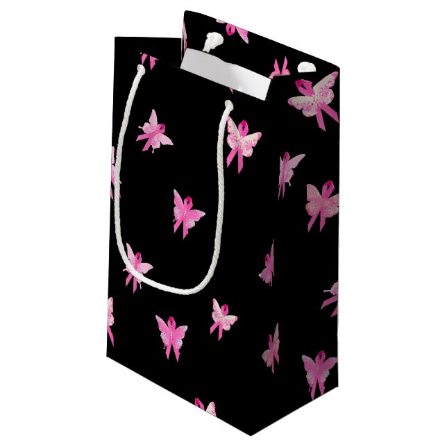 Pink Ribbons Schmetterlinge für Überlebende Kleine Geschenktüte (Rückseite Schrägansicht)