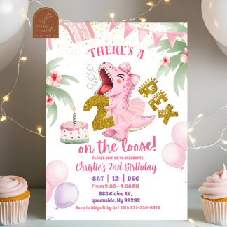 Pink Roaring Dinosaur 2-rex birthday Invitation Einladung