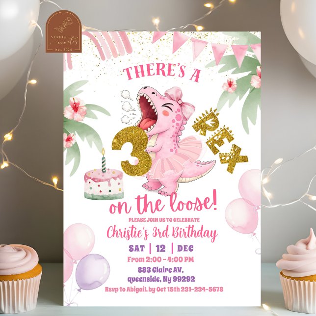 Pink Roaring Dinosaur 3-rex birthday Invitation Einladung (Von Creator hochgeladen)