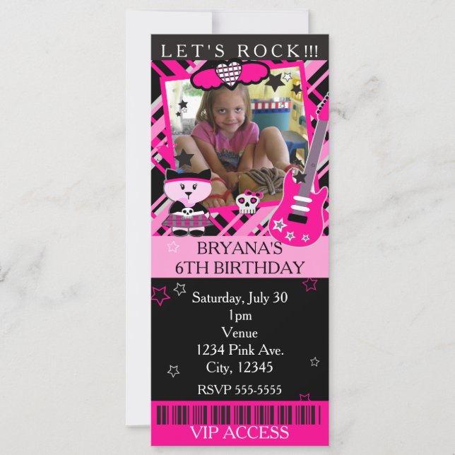 Pink Rock Star Kitty Cat Pink Ticket VIP Party Einladung (Vorderseite)