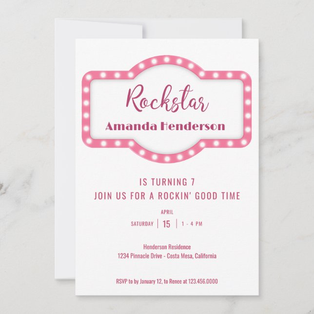 Pink Rockstar Geburtstagsfeier Einladung (Vorderseite)