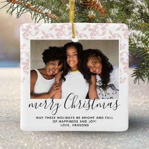 Pink Rococo Merry Christmas Script Photo Keramikornament