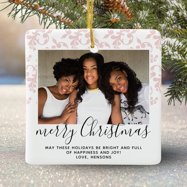 Pink Rococo Merry Christmas Script Photo Keramikornament (Von Creator hochgeladen)