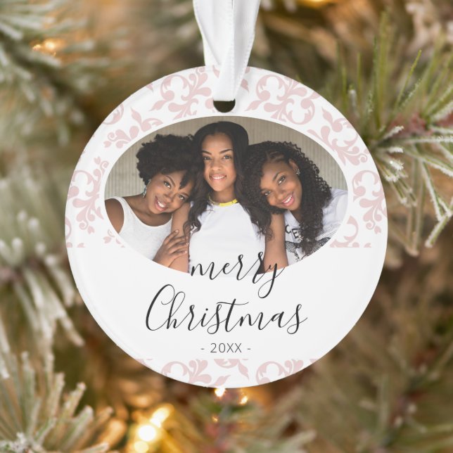 Pink Rokoko Merry Weihnachtsskript Foto Ornament (Baum)