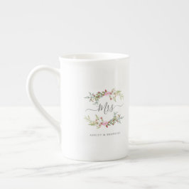 Pink Romantic Floral Wreath  For Mrs or Bride2be Prozellantasse