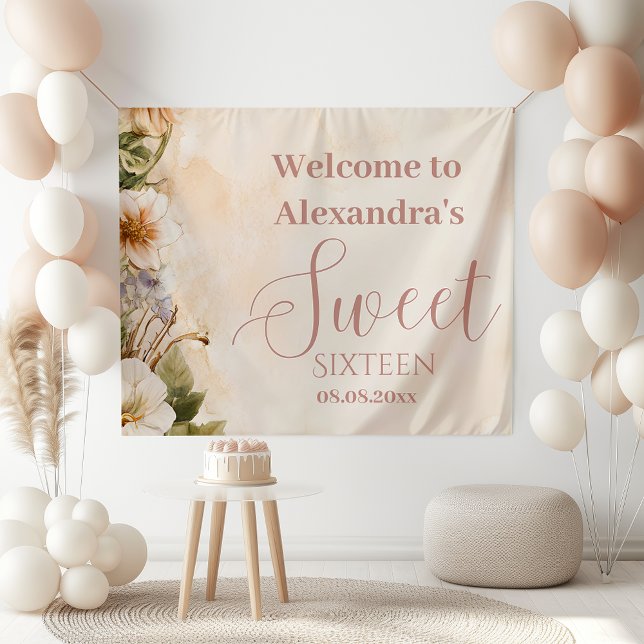 Pink Romantische Wildblumen Pastell Sweet 16 Banner (Von Creator hochgeladen)