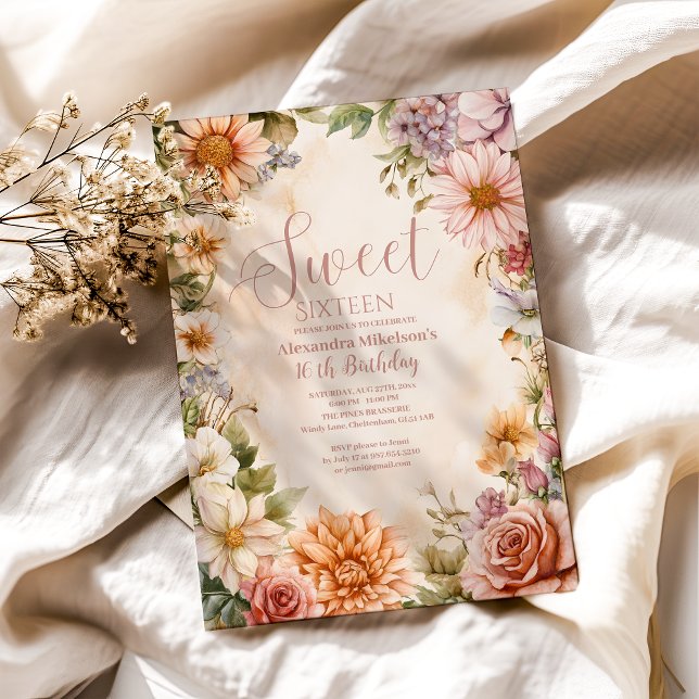 Pink Romantische Wildblumen Pastell Sweet 16 Einladung (Von Creator hochgeladen)