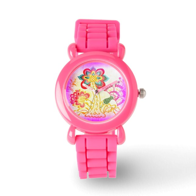 Pink-rosa Palmenuhr im hippie-Stil Glitzer Armbanduhr (Vorderseite)