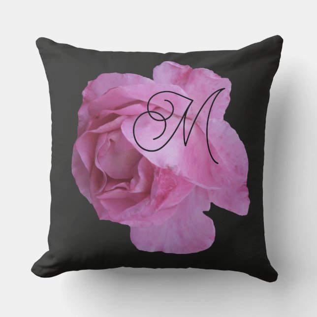Pink rosa rosa M monogramm persönliches Schwarz Kissen (Vorderseite)