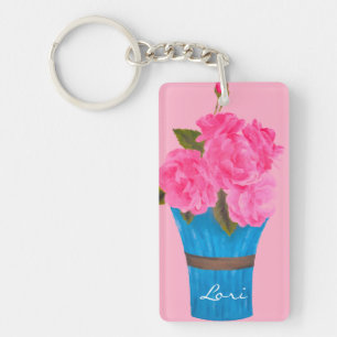 Pink rosa Rosen-Akryllischer rechteckiger Schlüsse Schlüsselanhänger
