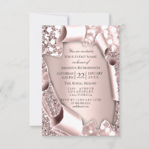 Pink Rose 3D Glittereffekt Rahmen Initialen Einladung