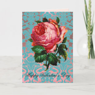 PINK ROSE AM AQUA BLUE DAMASK Valentinstag Feiertagskarte