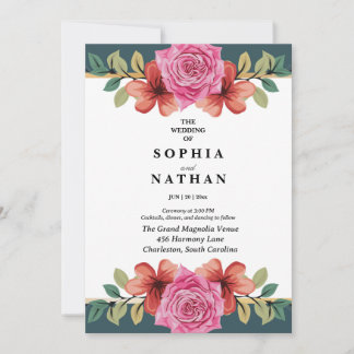 Pink Rose and Teal Floral Wedding Invitation