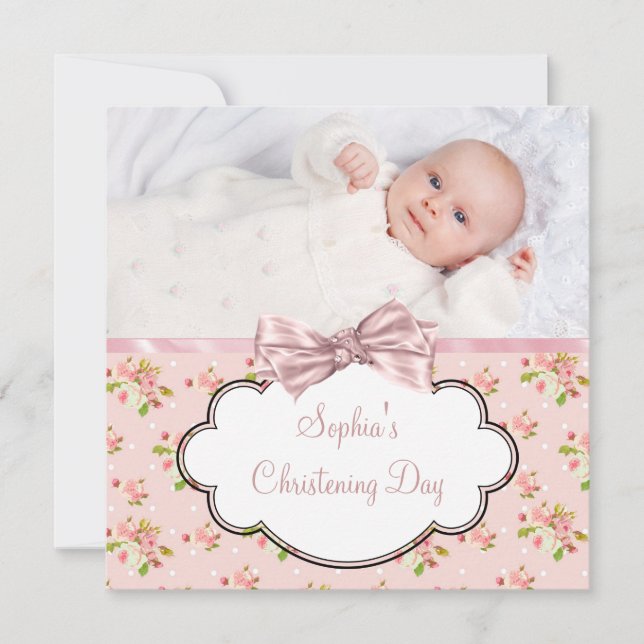 Pink Rose Baby Girl Foto Christening Einladung (Vorderseite)