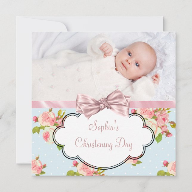 Pink Rose Baby Girl Photo Christening Einladung (Vorderseite)