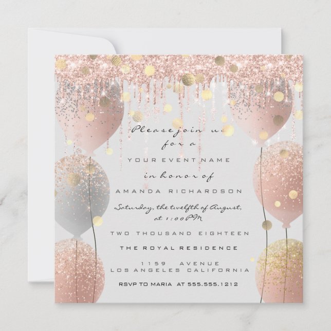 Pink Rose Ballon Sweet 16. Bridal Baby Gray Einladung (Vorderseite)