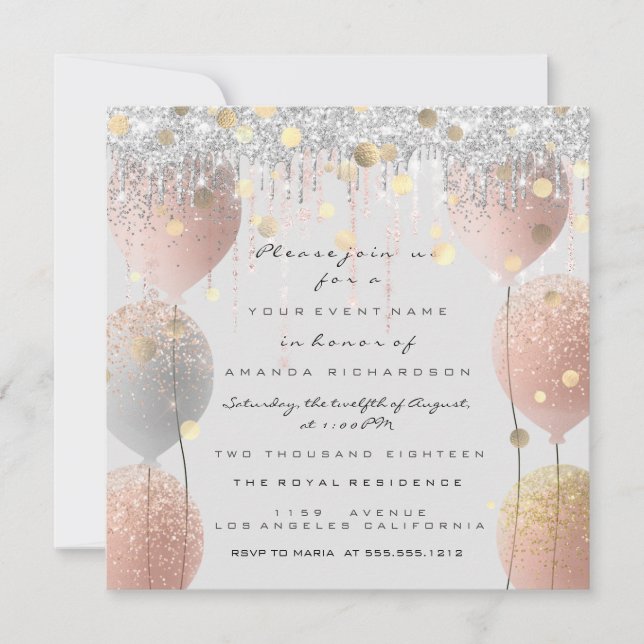 Pink Rose Ballon Sweet 16. Bridal Baby Gray Einladung (Vorderseite)