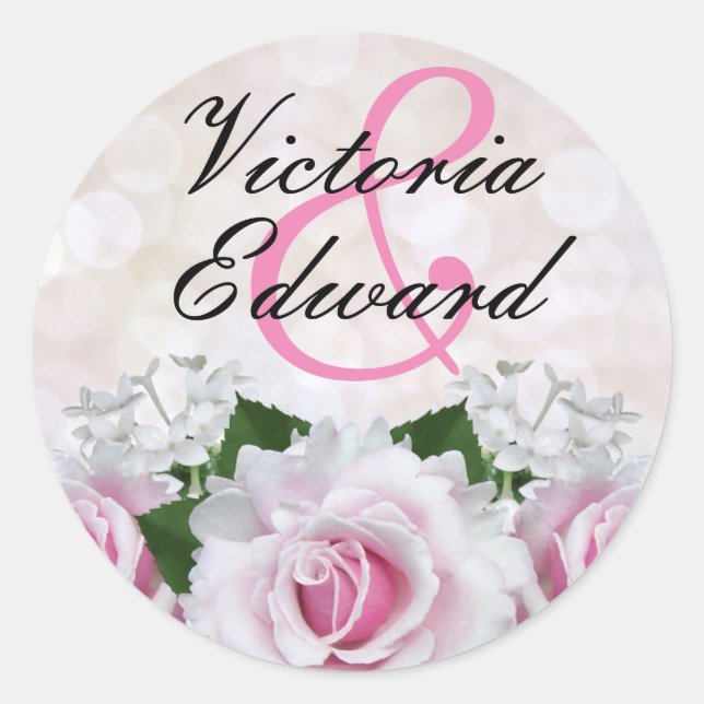 Pink Rose Bokeh Wedding Runder Aufkleber (Vorderseite)