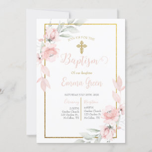 Pink rose bouquet baptême invitation pour fille