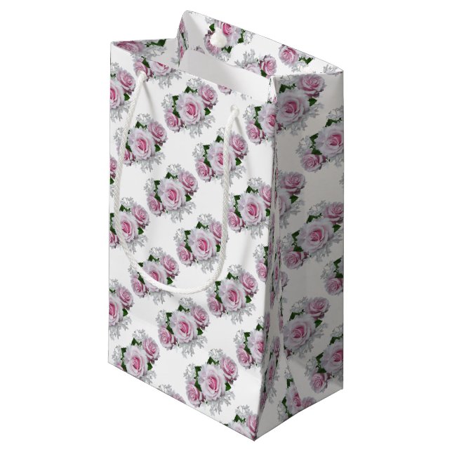 Pink Rose Bouquet Kleine Geschenktüte (Vorderseite Schrägansicht)
