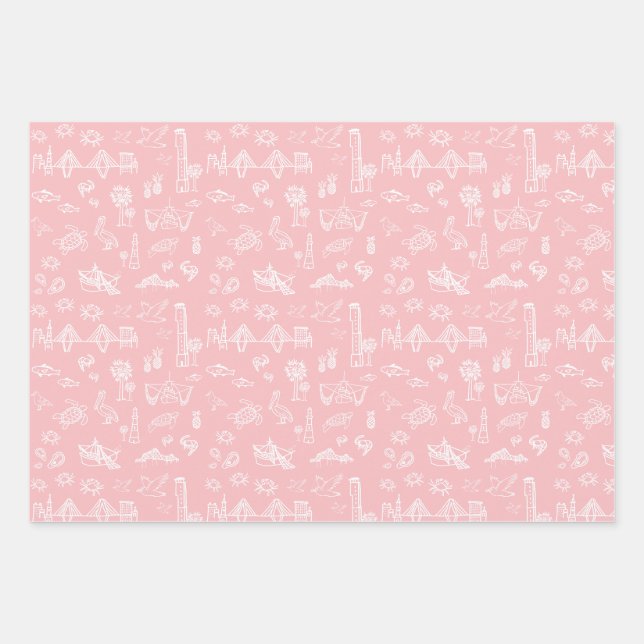 Pink Rose Charleston Toile Wrapping Paper Geschenkpapier Set (Vorderseite)