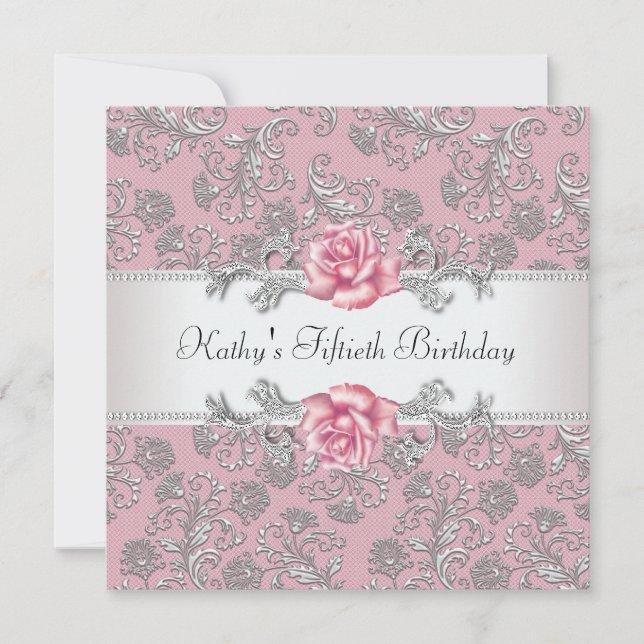 Pink Rose Damask Frauen Geburtstagsparty Einladung (Vorderseite)