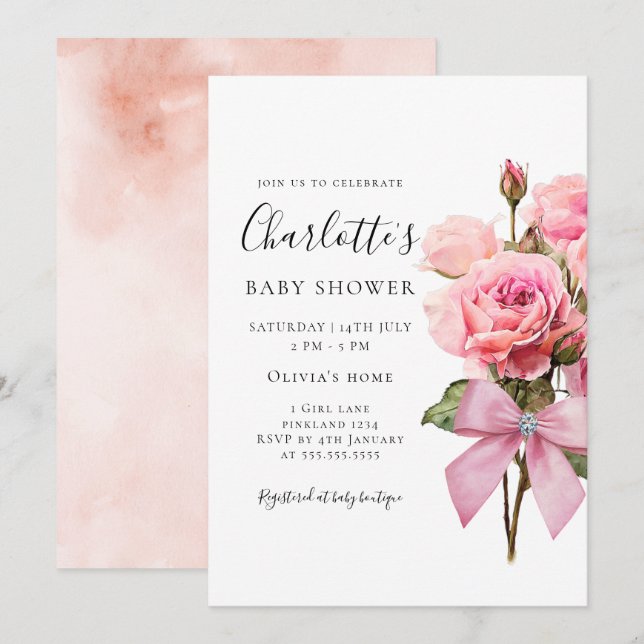 Pink Rose Diamond Bow Girl Baby Shower Invitation (Devant / Derrière)